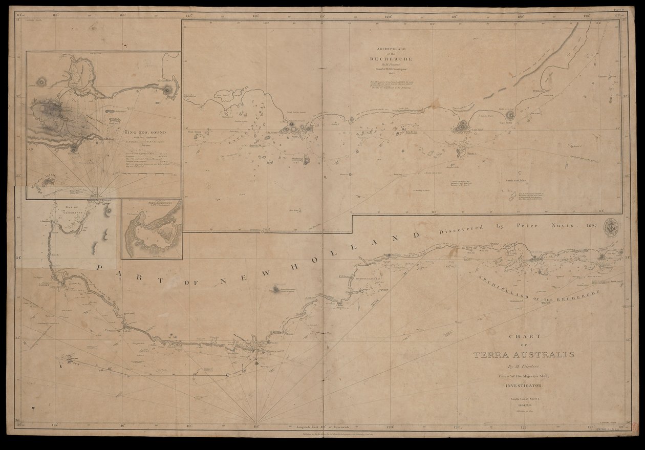 Terra Australis térképe, készítette M Flinders, Őfelsége "Investigator" nevű hajójának parancsnoka. Déli part I. lap 1801 alkotó: British School