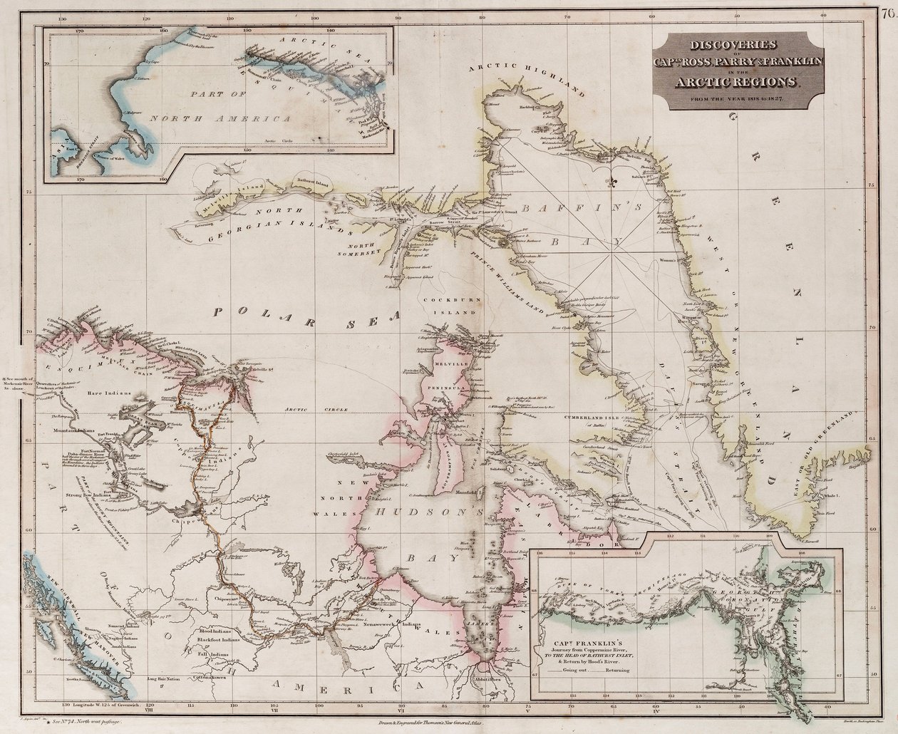 Ross, Parry és Franklin 1818-1827 közötti sarkvidéki felfedezéseit bemutató térkép, 1830 körül (színes metszet) alkotó: British School
