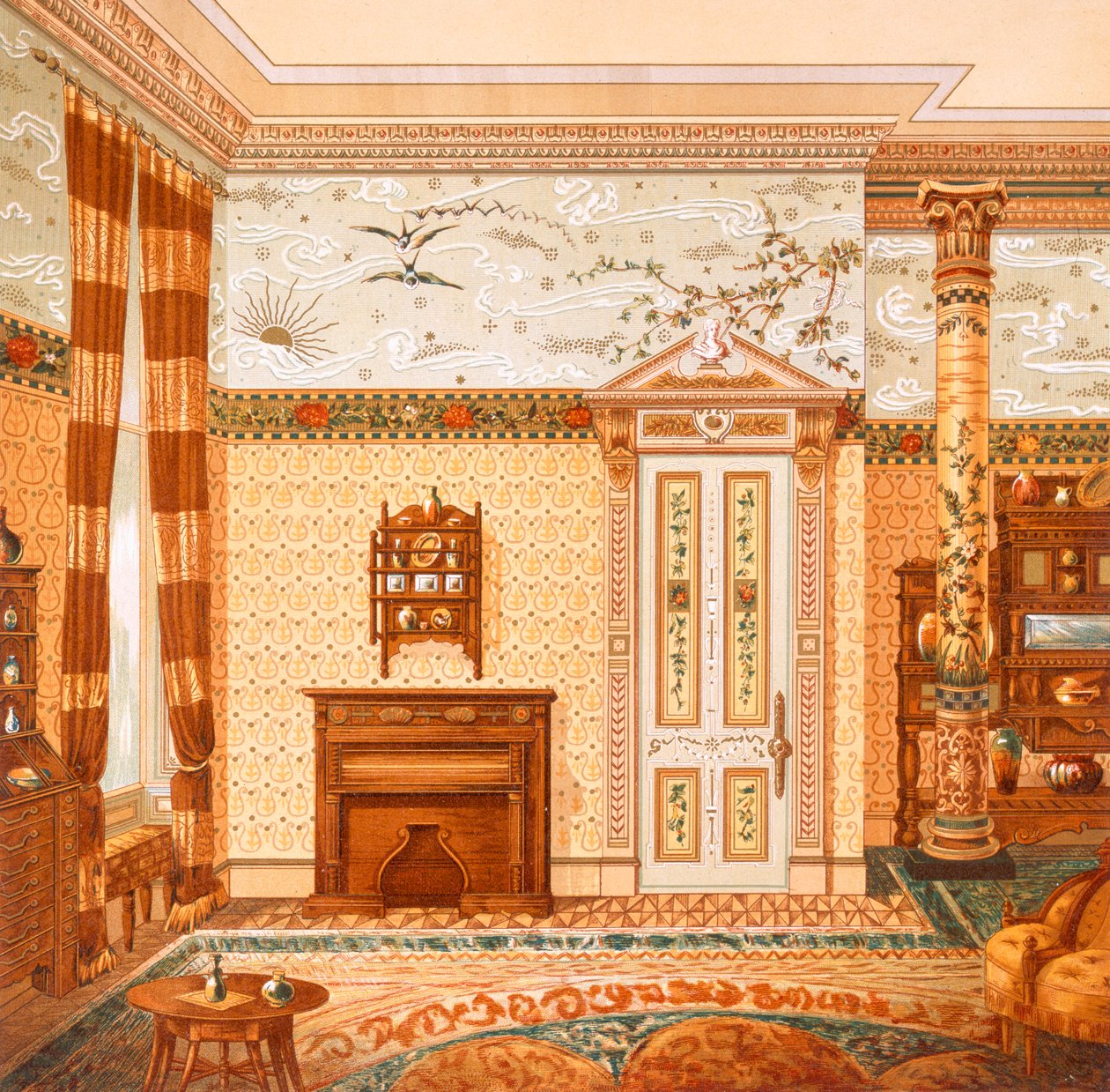 Tervezés egy esztétikus belső térhez, az 1880-as években kiadott „Interior Decorations Designed by McCulloch & Gow”-ból (színes litho) alkotó: British School
