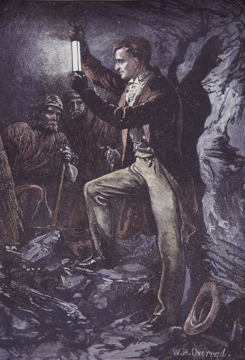 Humphry Davy Davy biztonsági lámpával bányászoknak, 1815-ben feltalálva (kézzel színezett fametszet) alkotó: British School
