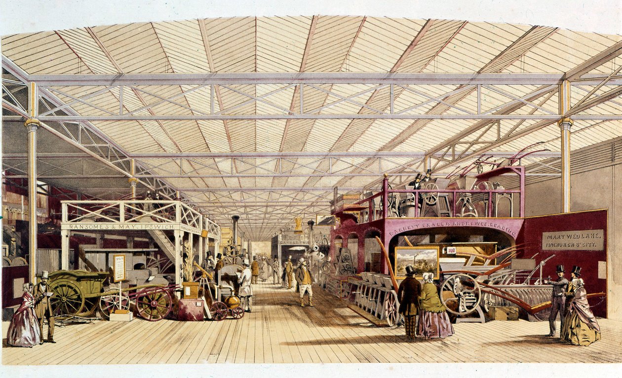 Ipari forradalom: a Crystal Palace mezőgazdasági géppavilonjának belső képe, amelyet Joseph Paxton épített az 1851-es londoni világkiállításra (Hyde Park) 19. század alkotó: British School