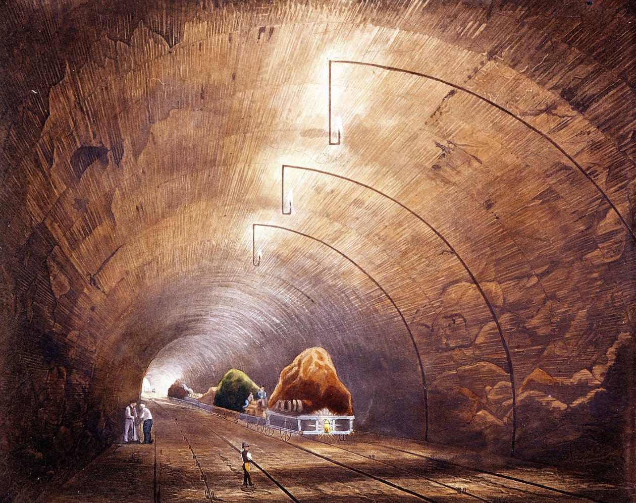 Ipari forradalom: vasúti alagút a Manchester - Liverpool vonalon. A tábla a „Liverpool és Manchester Railway”-ről, London 1832. alkotó: British School
