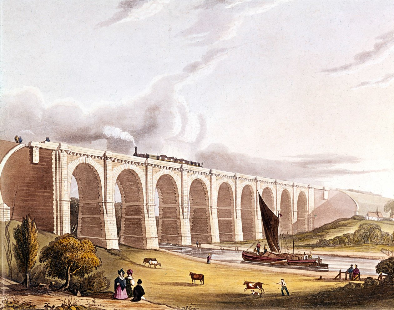 Ipari forradalom: kilátás a Sankey-völgyet átszelő vasúti viaduktra. A tábla a „” Liverpool & Manchester Railway”-ről származik, London 1832. alkotó: British School