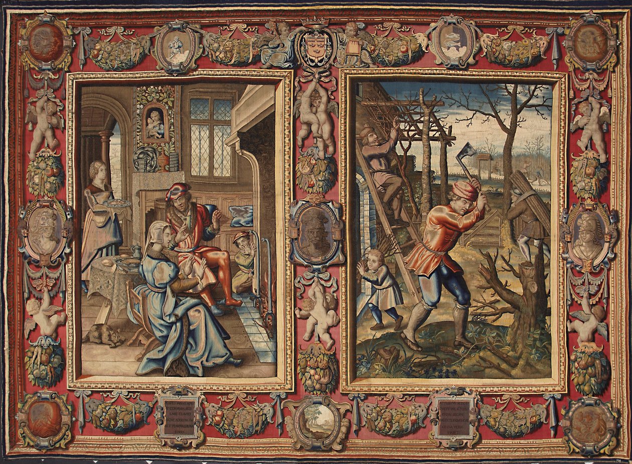 Január és február: „Pár a tűz mellett és egy favágó” A Mortlake gyártmányainak kárpitja. 17. századi gének, Musei di Strada Nuova alkotó: British School