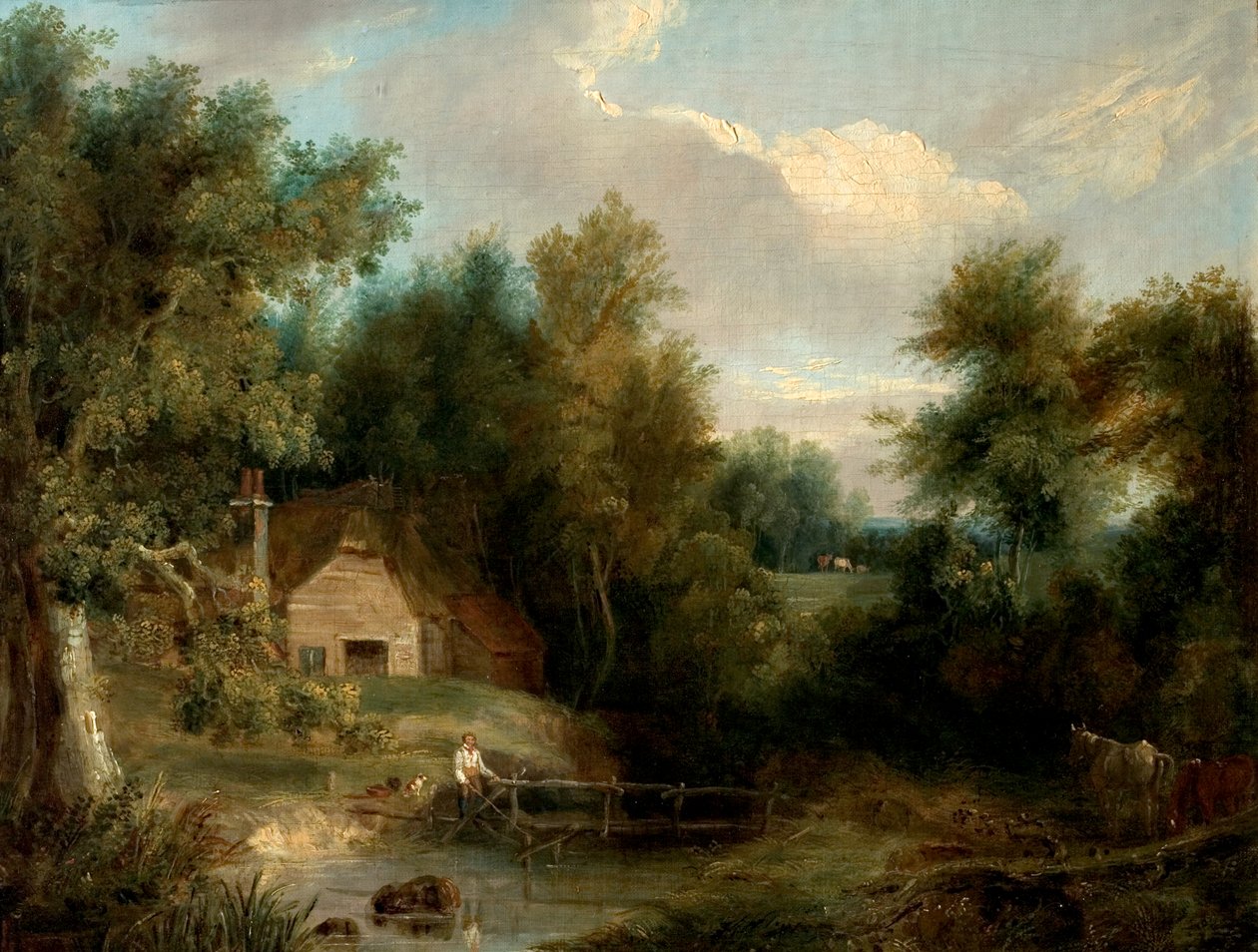 Táj, házikó és patak egy figurával és egy házzal (olaj, vászon) alkotó: British School