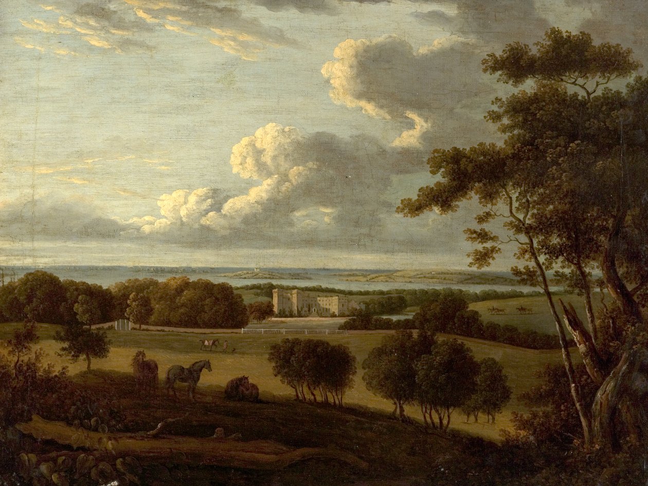 Táj a part közelében (egy kastély kilátása a tengerrel a távolban) (olaj, vászon) alkotó: British School