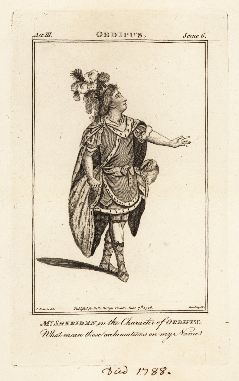 Thomas Sheridan úr Oidipusz karakterében John Dryden Oidipuszában, a Covent Garden Színházban alkotó: British School