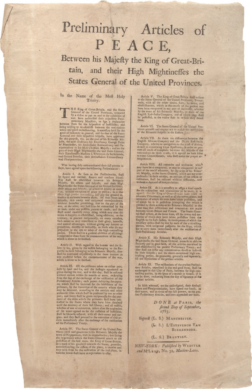 Előzetes békecikkek Nagy-Britannia és az Egyesült Tartományok között, 1783. szeptember 2. alkotó: British School