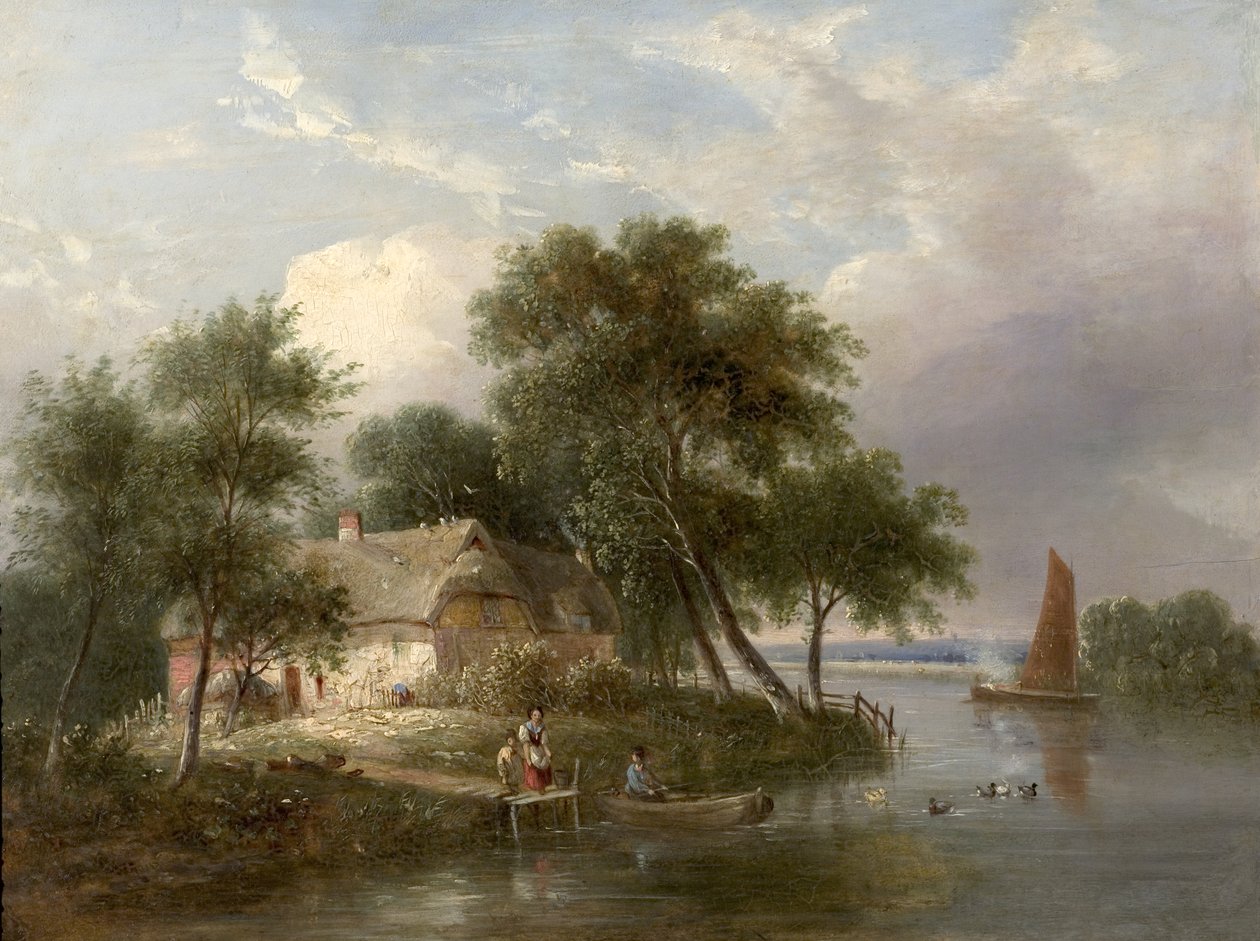 River Scene (ház és fák) (olaj, fa) alkotó: British School