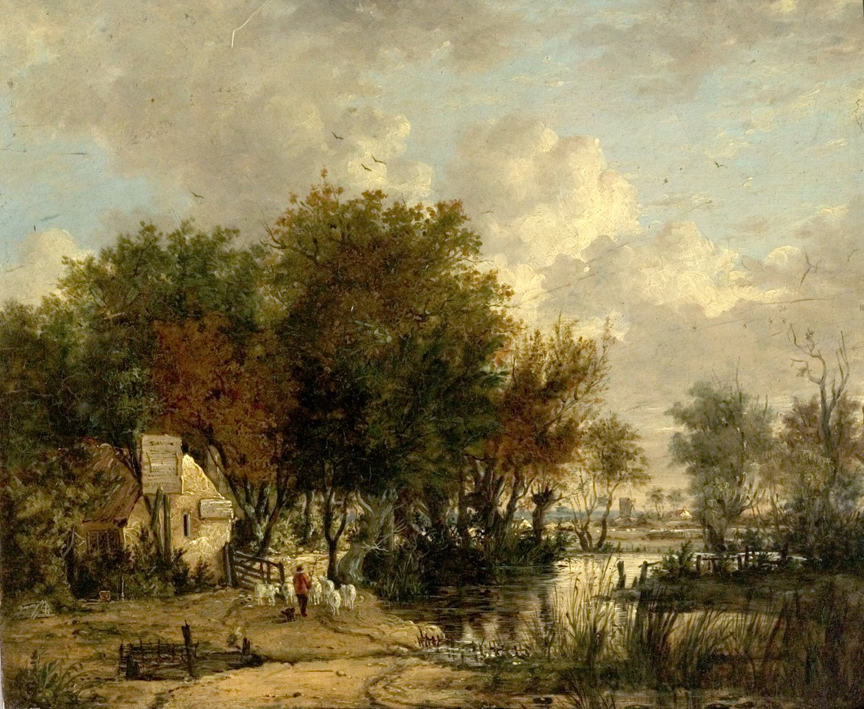 River Scene, Boy Driving Sheep (olaj, fa) alkotó: British School