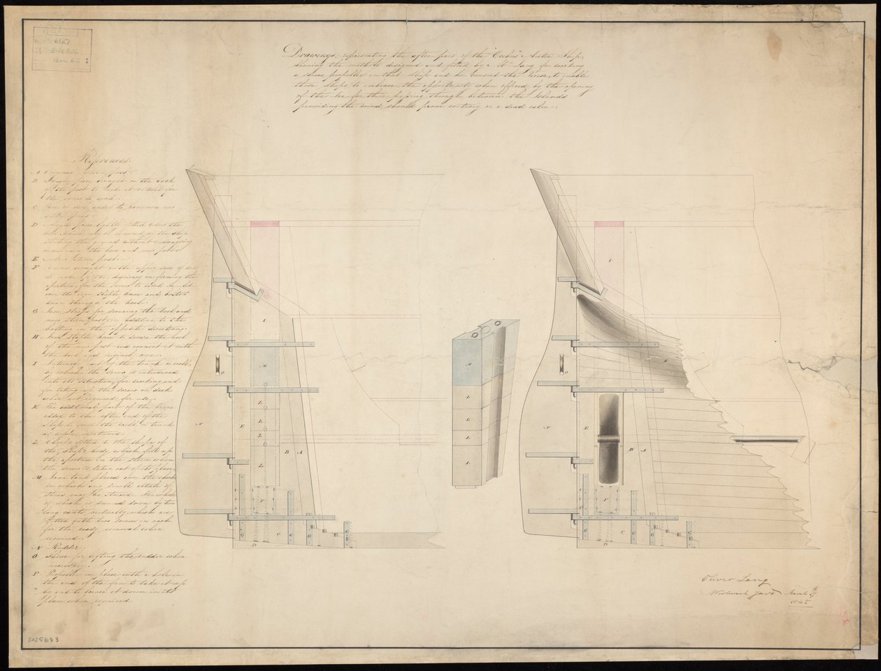 Az "Erebus" (1826) és a "Terror" (1813) kormány- és tatoszlopának tervrajza. alkotó: British School