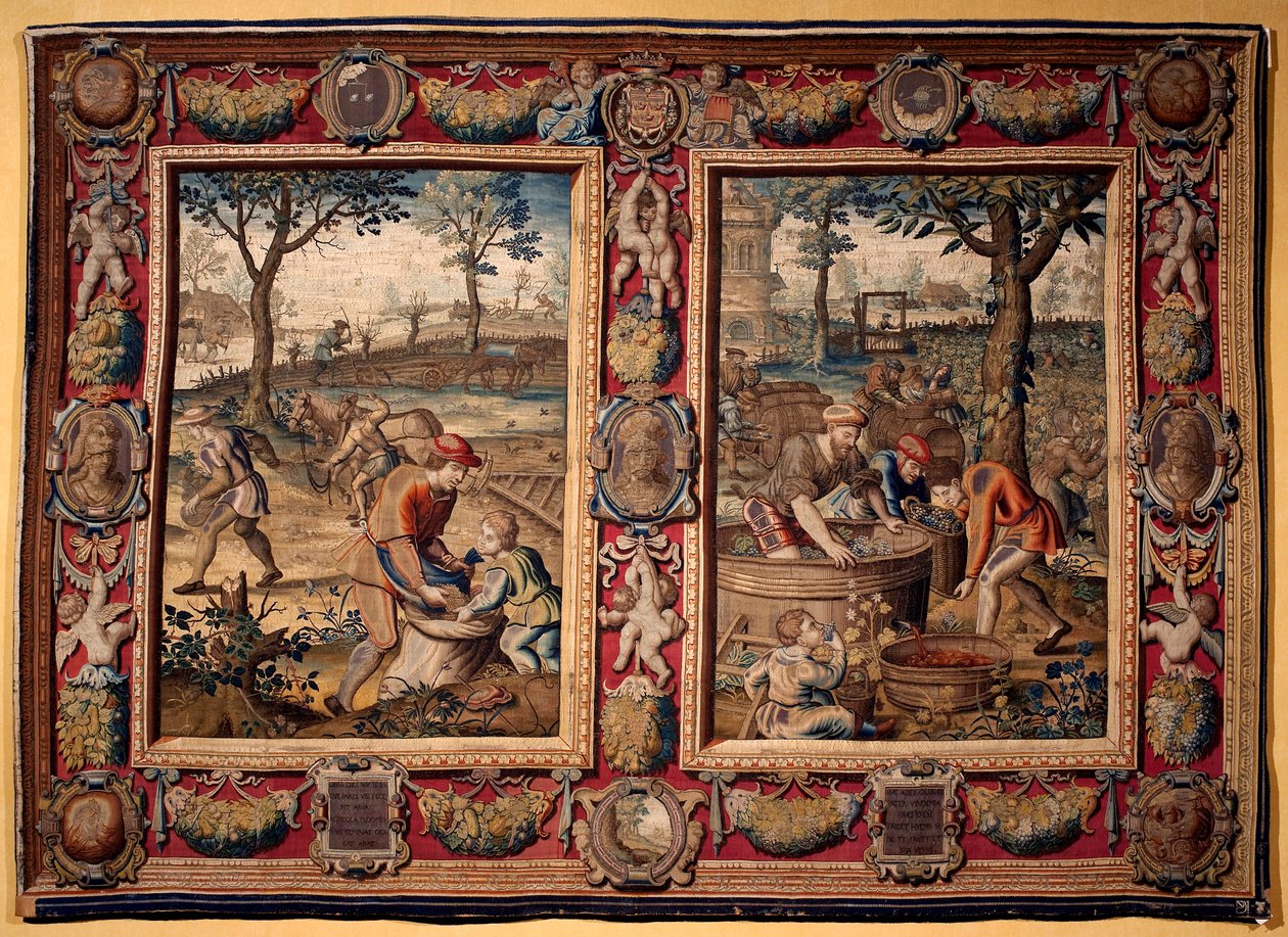 Szeptember és október: "mezőgazdasági munka és betakarítás" A Mortlake-i manufaktúrák gobelinje. XVII. századi Genes, Musei di Strada Nuova alkotó: British School