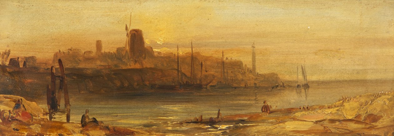 Naplemente: Tengeri kikötő és világítótorony, 1825 körül (olaj, papír, vászonra fektetve) alkotó: British School