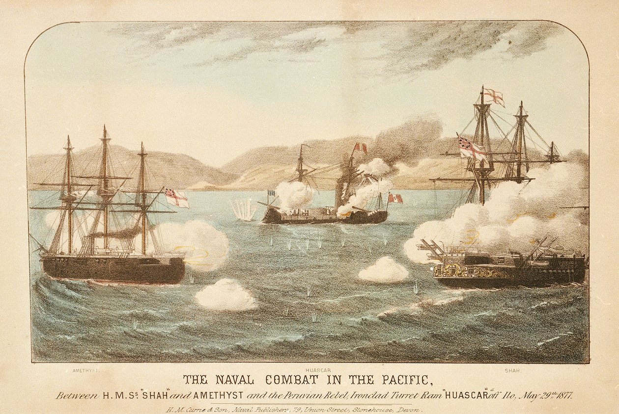 A csendes-óceáni tengeri ütközet a HMS "Shah" és "Amethyst" és a perui lázadó, a vasaló torony Ram Huascar között Ilo előtt, 1877. május 29. alkotó: British School