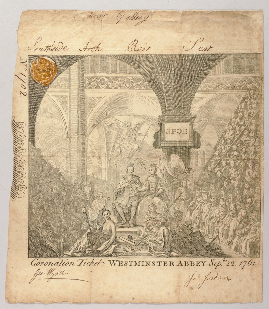 Jegy III. György koronázási ceremóniájára a Westminster Abbeyben, George Bickham metszetével, 1761. szeptember 22-én (metszet) alkotó: British School