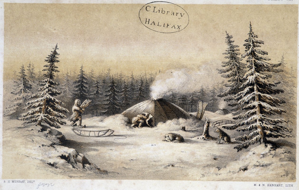 Az észak-amerikai és alaszkai Kutchin nép téli lakóhelyei a „Artic Research Expedition” című részben: egy hajóút naplója Rupert földjén és a tengeri tengeren keresztül Sir John Franklin parancsnoksága alatti felfedezőhajók után kutatva”, Sir John Rich alkotó: British School