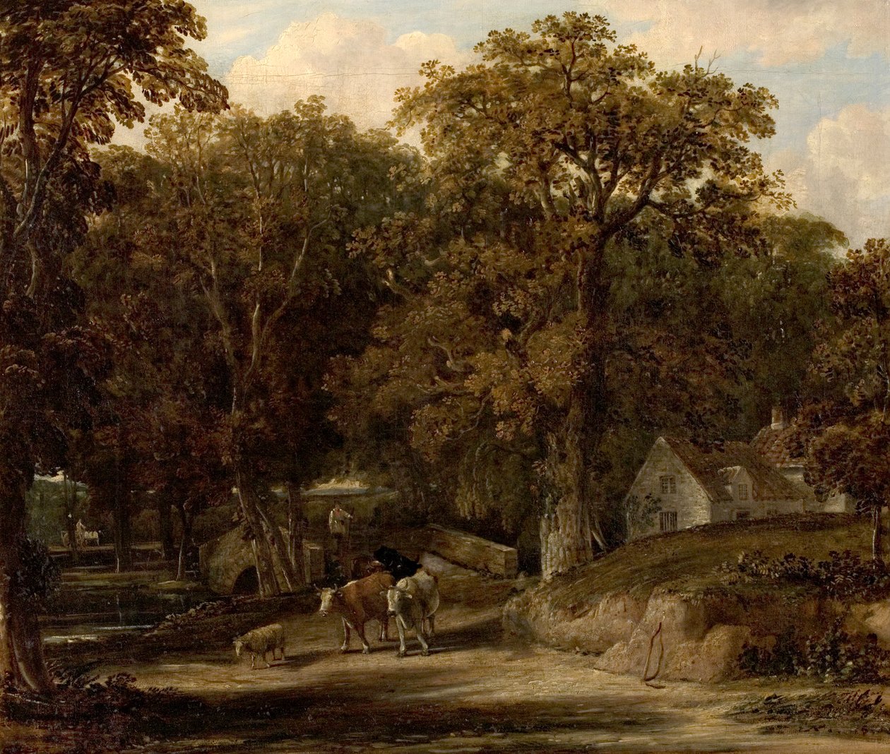 Erdei jelenet híddal és szarvasmarhával (olaj, vászon) alkotó: British School