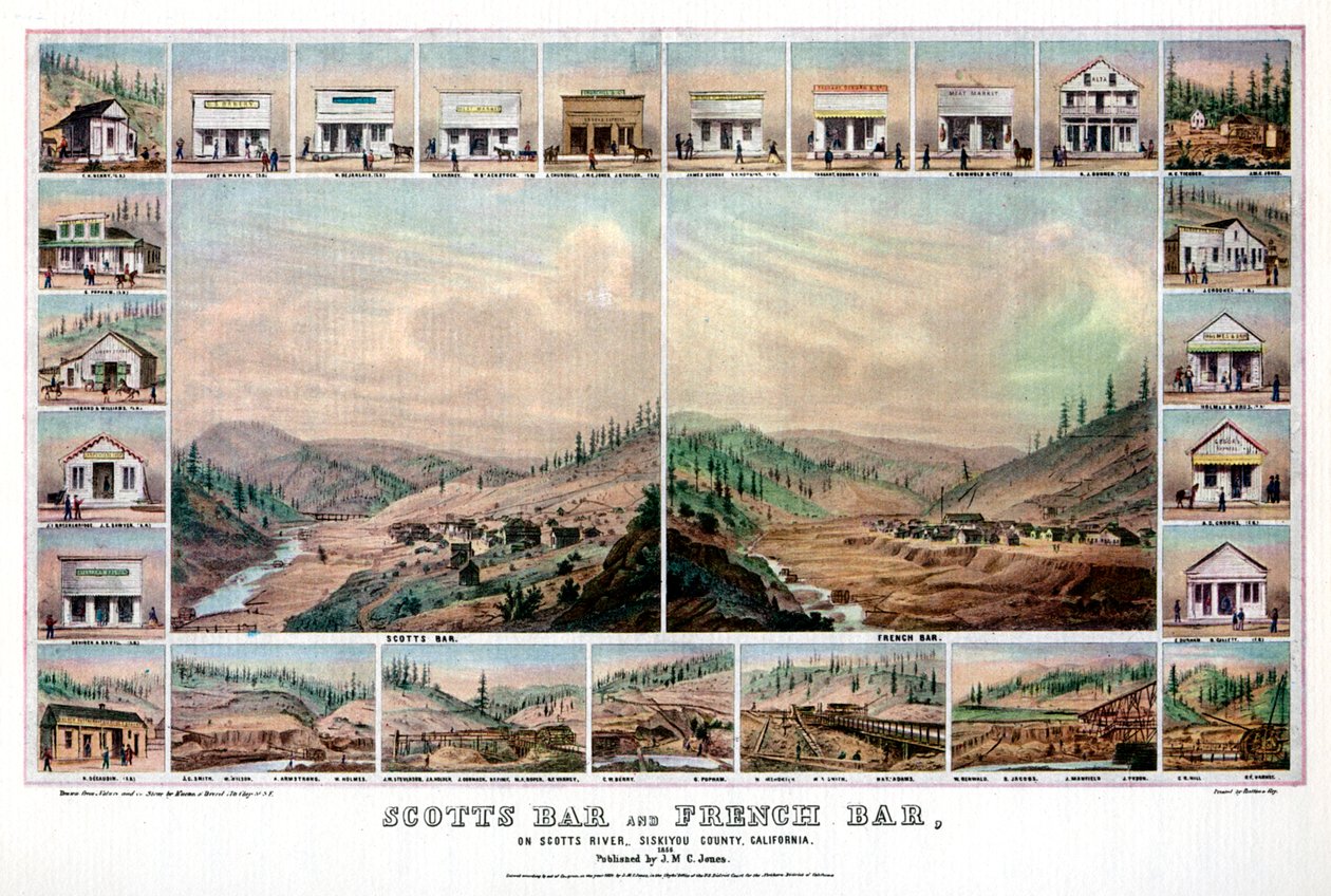 Scotts Bar és French Bar, a Scotts folyón, Siskiyou megye, Kalifornia, 1856, 1937. alkotó: Britton and Rey