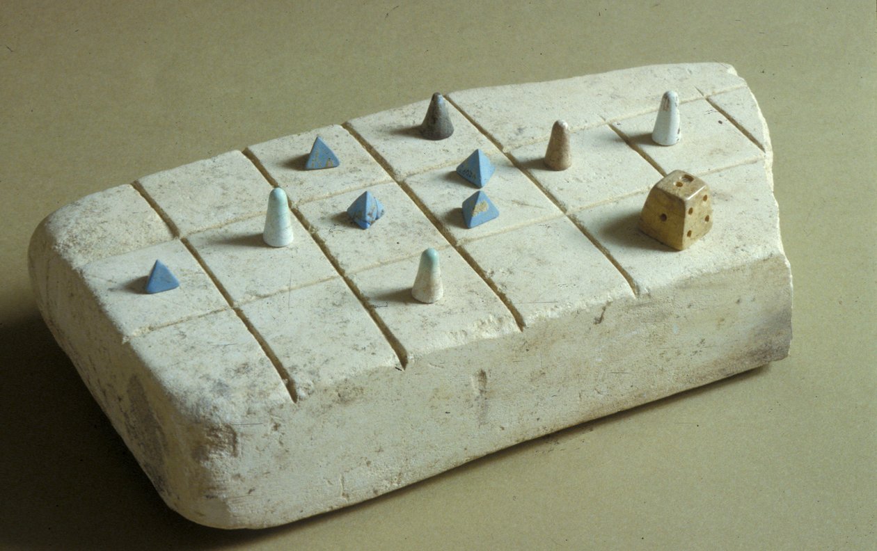 Játéktábla játékfigurákkal, Tell Beit Mirsimból, Jordániából, Kr.e. 1200 körül (mészkő) alkotó: Bronze Age