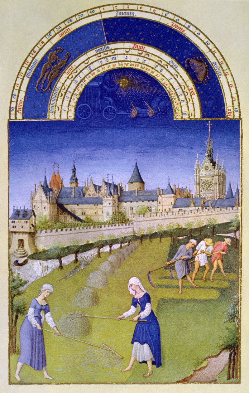 Júniusi fakszimile: Szénavarrás, a „Tres Riches Heures du Duc de Berry”-ből (vellum) (az eredetiből lásd: 8438) alkotó: Brothers Limbourg