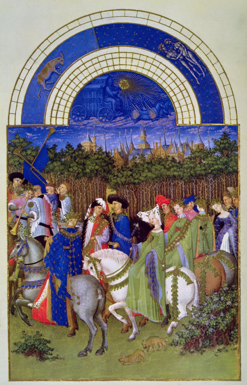 Májusi fakszimile: Udvari alakok lóháton, a „Les Tres Riches Heures du Duc de Berry”-ből (vellum) (az eredetit lásd: 8437) alkotó: Brothers Limbourg