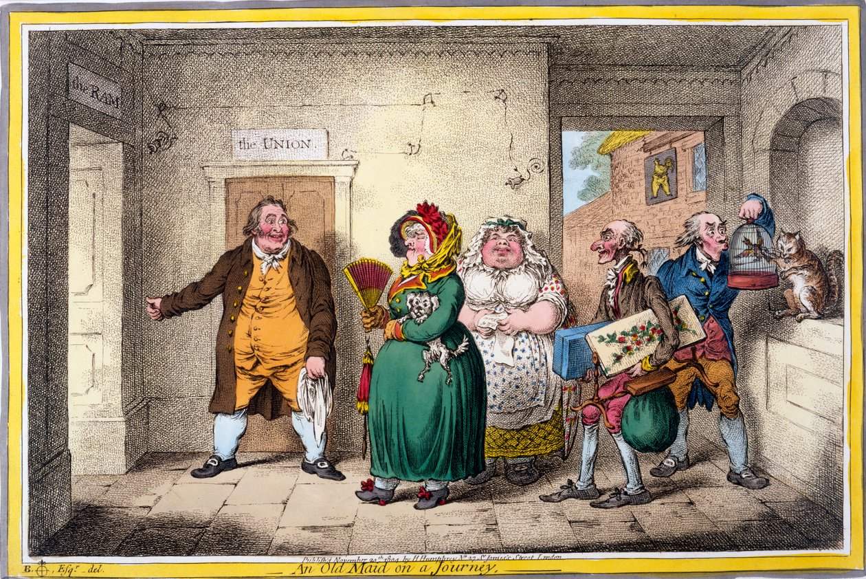 Egy vénlány utazás közben, James Gillray nyomata, 1804 (kézzel színezett metszet) alkotó: Brownlow North