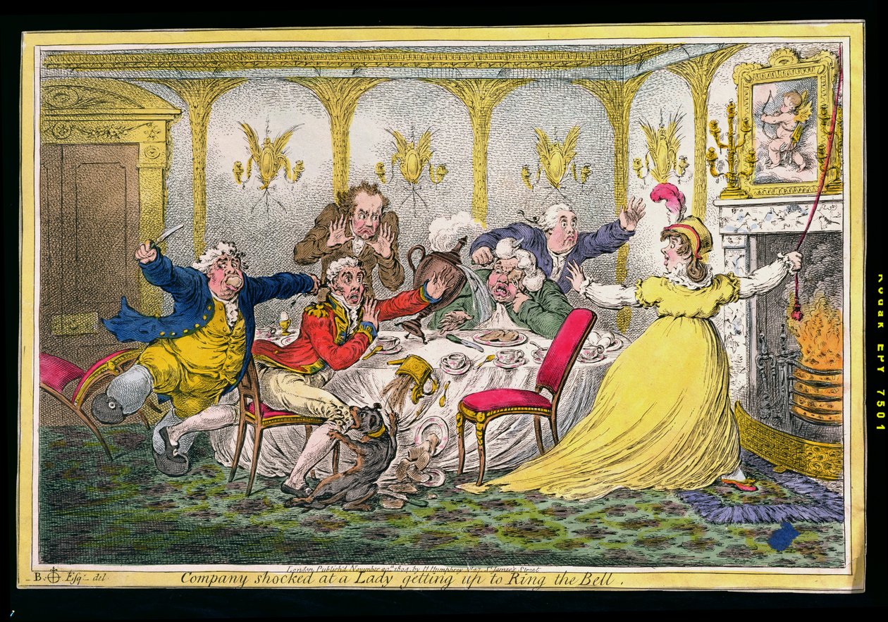 A társaság megdöbbent attól, hogy egy hölgy feláll a Csengetésre, James Gillray (1756-1815) metszetét Hannah Humphrey adta ki 1804-ben (kézzel színezett rézkarc) alkotó: Brownlow North