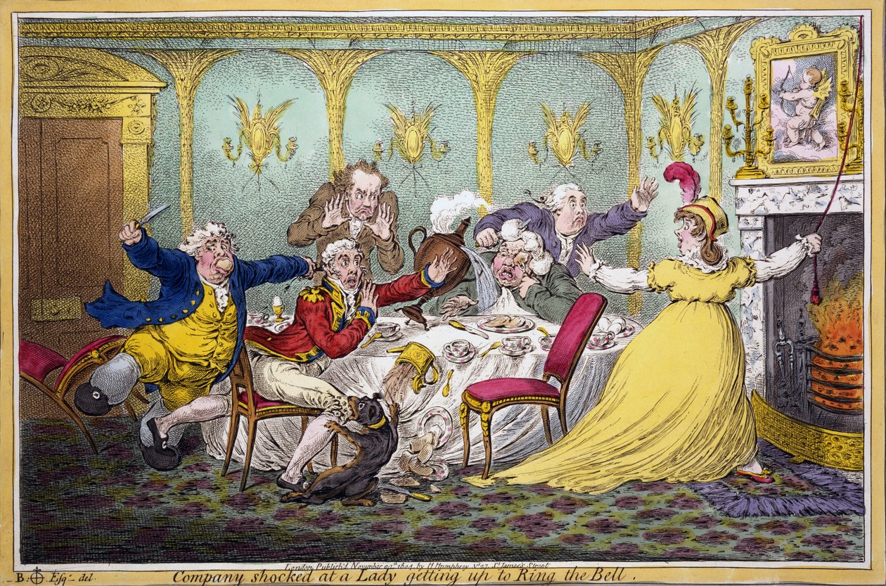 A társaság megdöbbent, amikor egy hölgy felállt, hogy kongassa meg a harangot, kocsma. H. Humphrey, London, 1804 (kézzel színezett metszet) alkotó: Brownlow North