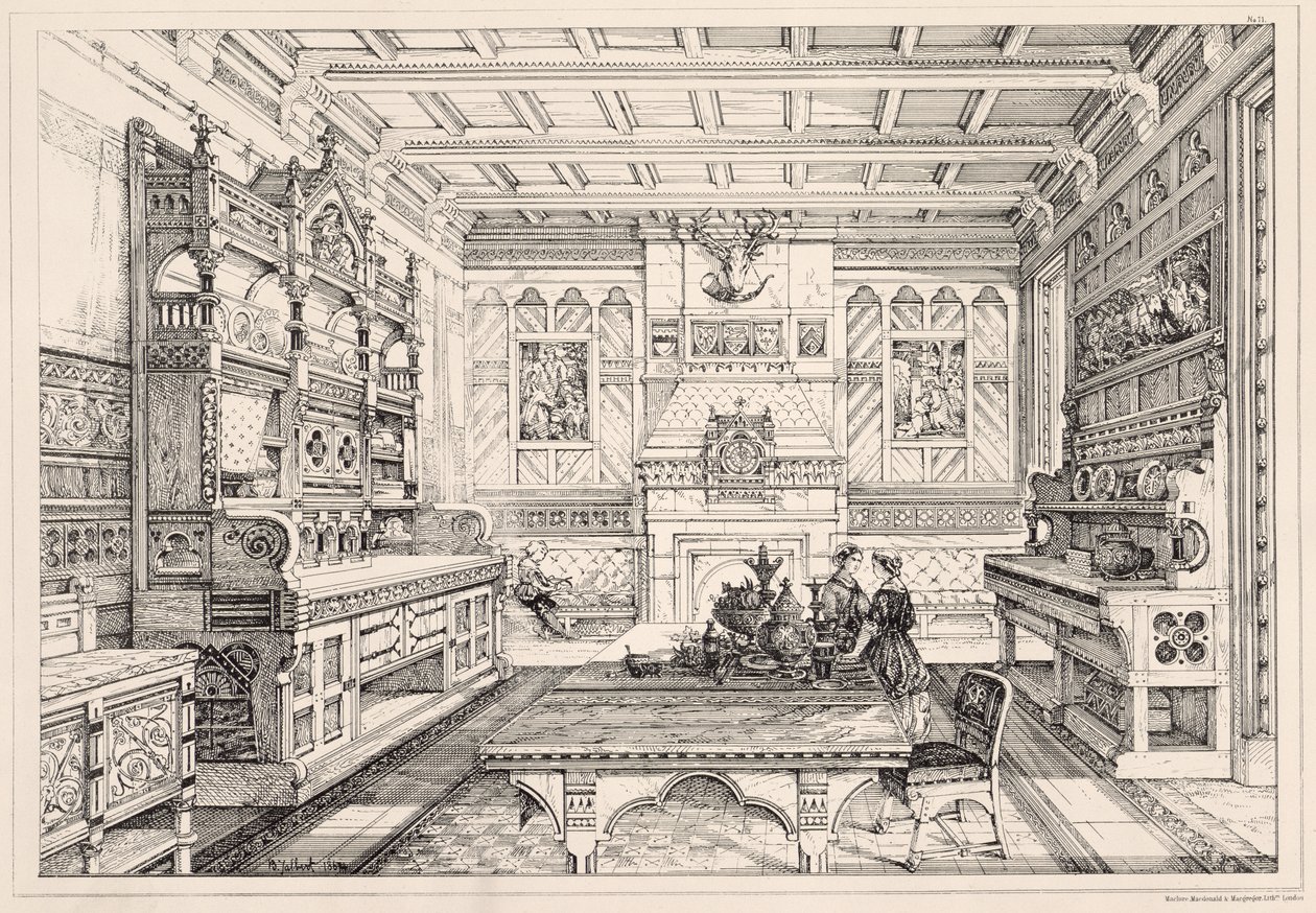 Ebédlő, „Példák az ősi és modern bútorokra”, 1876 alkotó: Bruce James Talbert