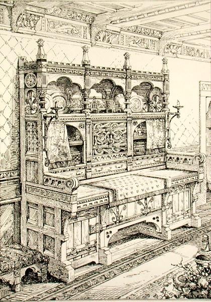 Tálaló, az „Ókori és modern bútorok példáiból”, Bruce Talbert, S. Ayling litográfiája (litho) alkotó: Bruce James (after) Talbert
