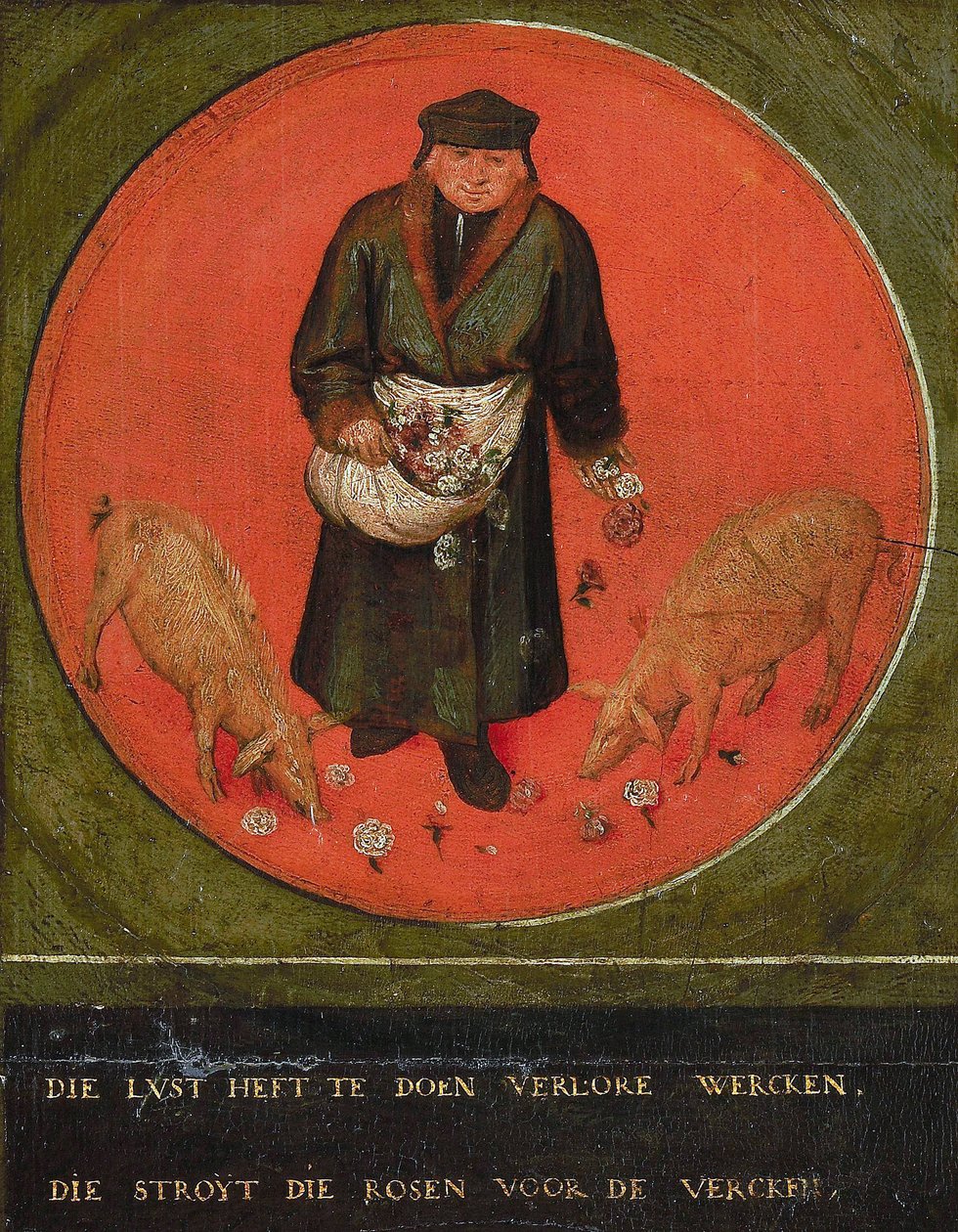 Aki elpazarolja erőfeszítéseit, az rózsát vet a disznók elé, 1558. alkotó: Bruegel