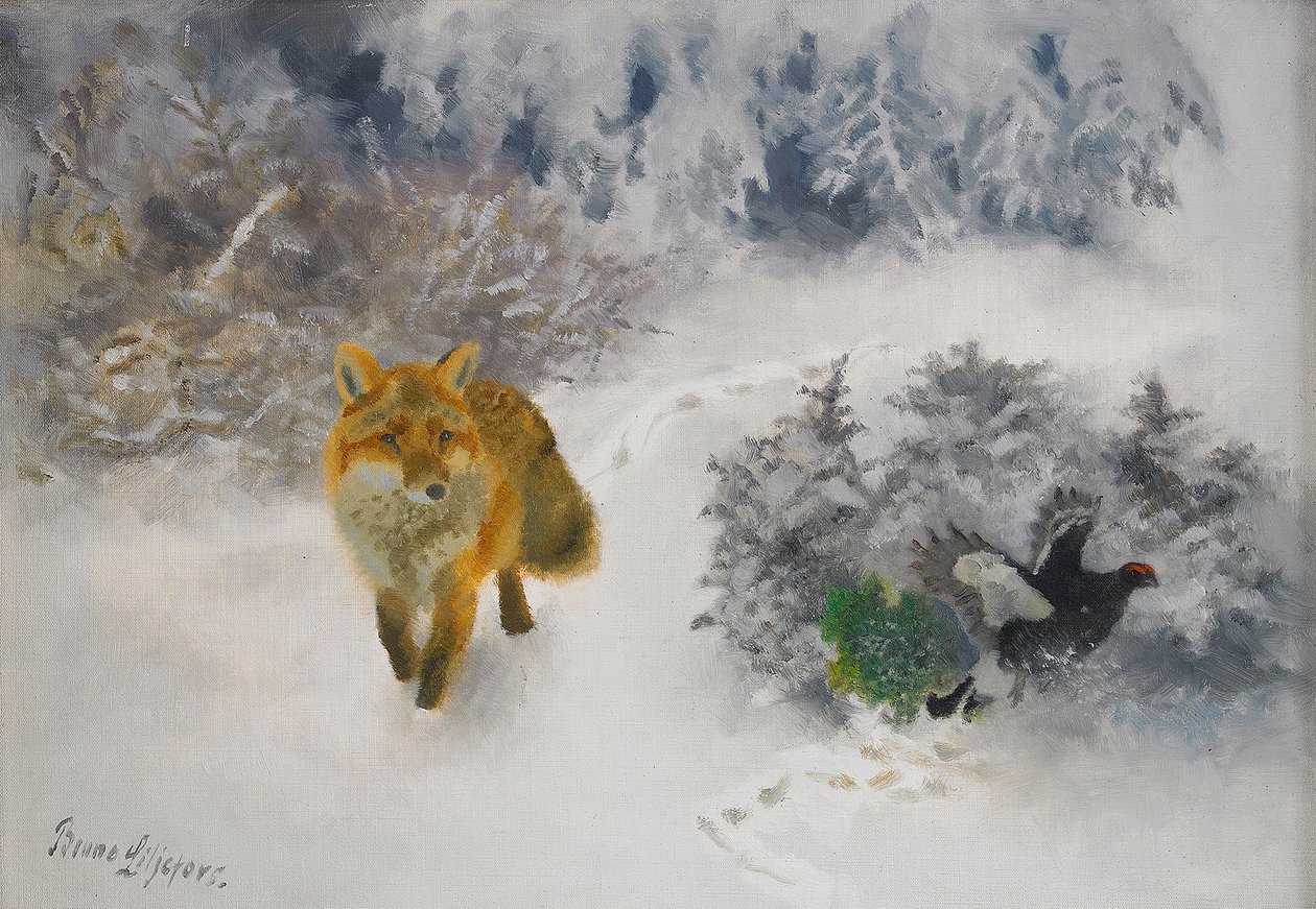 Fox and Black Grouse cock in winter landscapenSvenska: Rav och orrtupp i vinterlandskapn alkotó: Bruno Andreas Liljefors