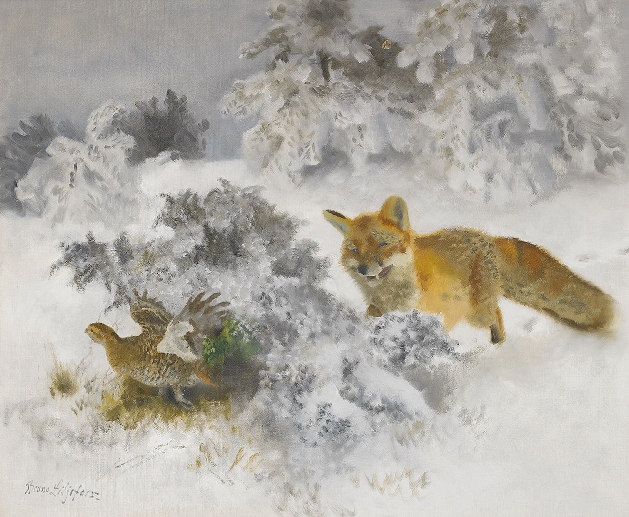 Fox and Black Grouse tyúk téli tájképenSvenska: Rav och orrhona i vinterlandskapn alkotó: Bruno Andreas Liljefors