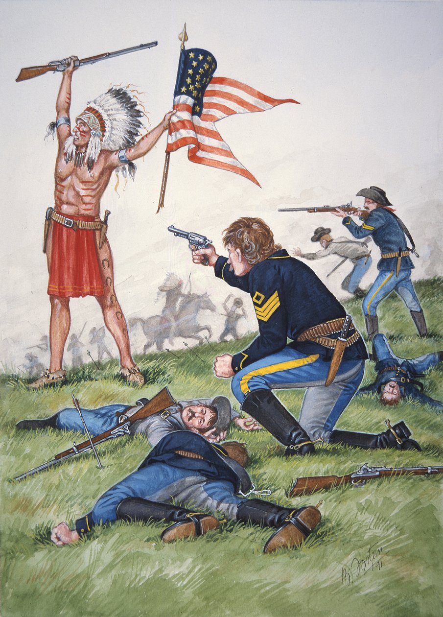 Egy sziú harcos a 7. amerikai lovasezred ellen a Little Bighorn-i csatában, 1876. június 25., egy hat tablóból álló sorozatból. alkotó: Bryan Fosten