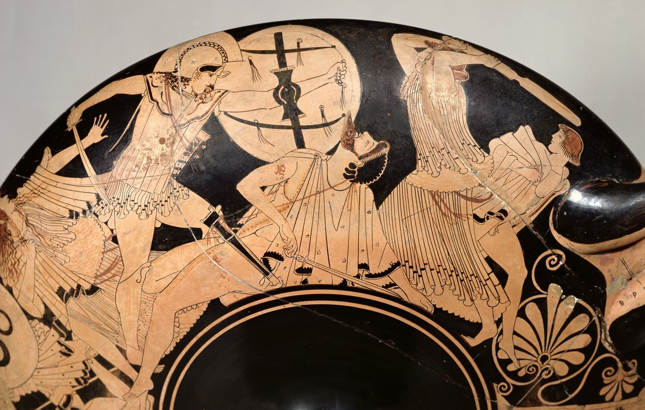Tetőtéri vörös figurás csésze, amely a trójai háború jeleneteit ábrázolja, ie 490 körül (kerámia) (részlet) alkotó: Brygos Painter