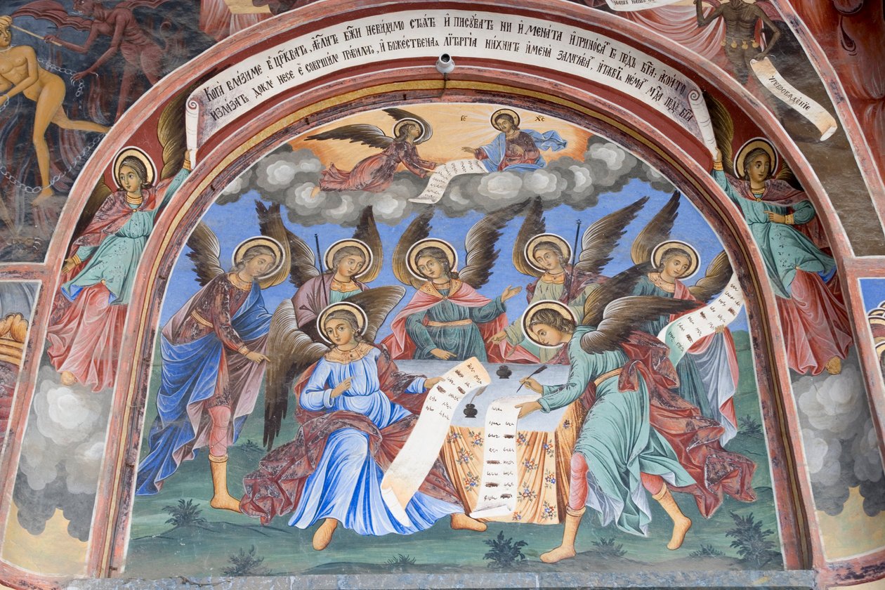 Bulgária, Rila kolostor, angyalfreskó a Szűz Mária születése templomban alkotó: Bulgarian School