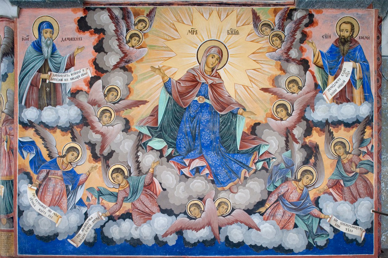 Bulgária, Rila kolostor, Szűz Mária dicsőségének freskója a Szűz Mária születése templomban alkotó: Bulgarian School