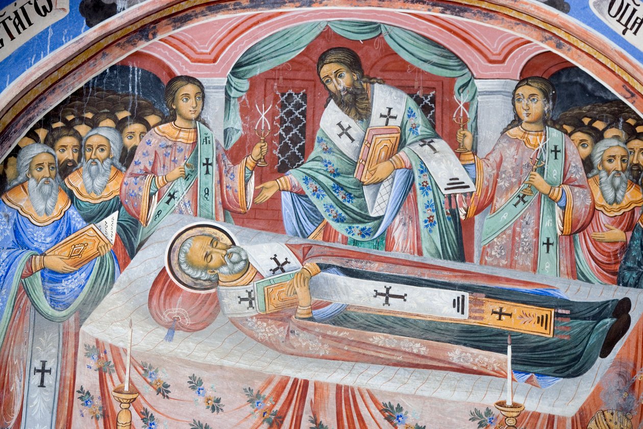 Bulgária, Rila kolostor, temetési freskó a Szűz Mária születése templomban alkotó: Bulgarian School