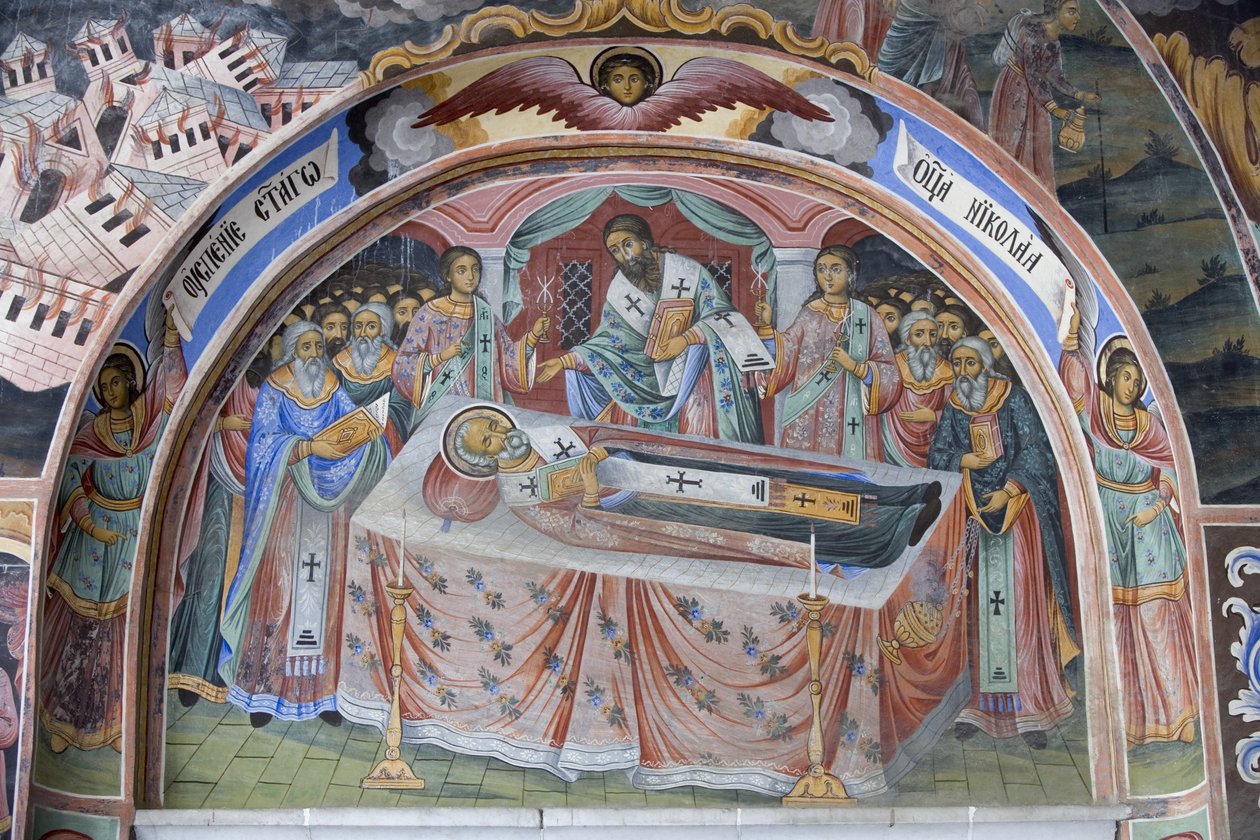 Bulgária, Rila-hegység, Rila kolostor, freskórészlet a Szűz születésének templomában alkotó: Bulgarian School