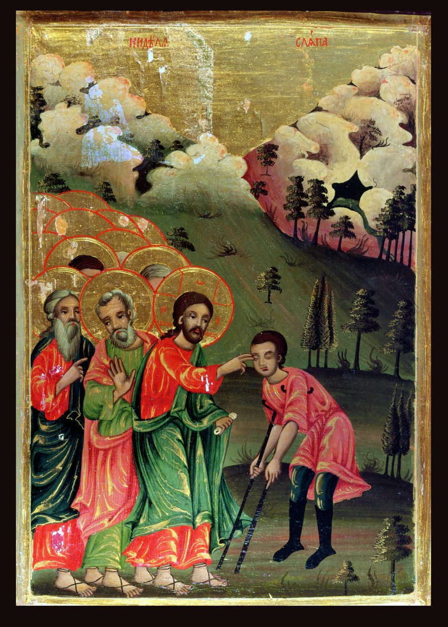A vak ember gyógyítása, 1811 (tempera és aranylevél a panelen) alkotó: Bulgarian School