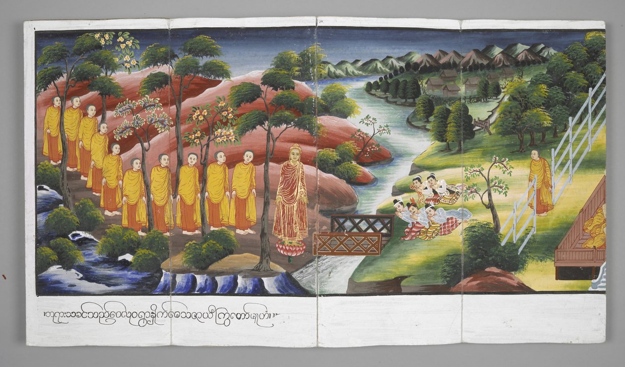 Vagy. 13534, f.23 Szerzetesek átkelnek egy folyón, Jelenetek Buddha életéből (pergamen) alkotó: Burmese School