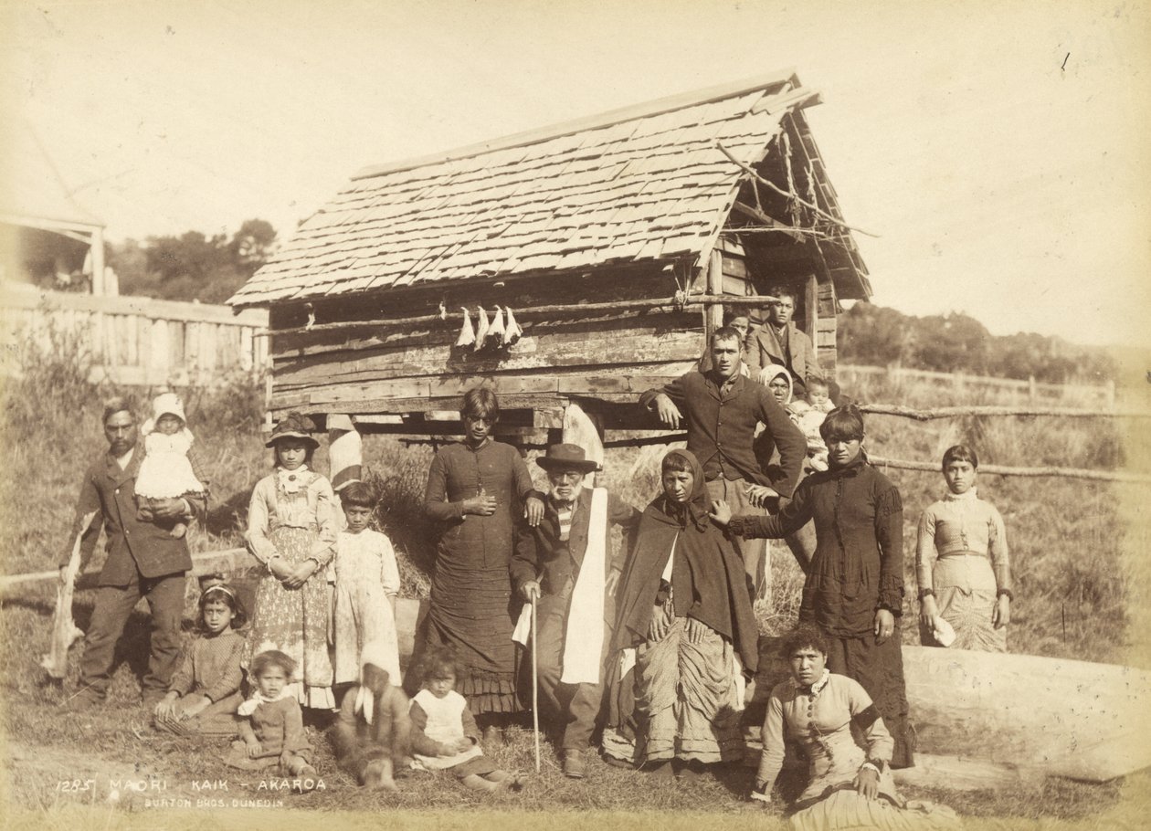 Maori Kaik – Akoroa, 1884 körül (albumnyomat) alkotó: Burton Brothers Studio