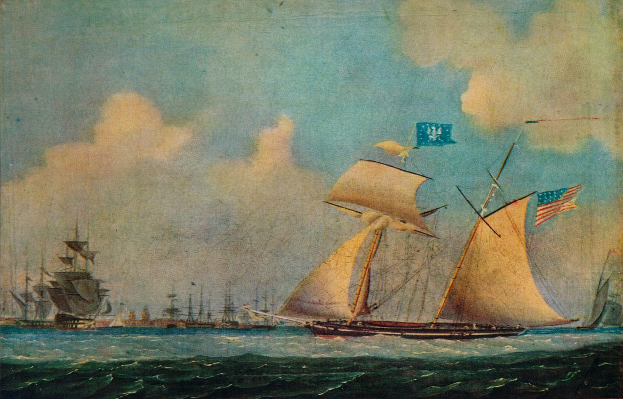 „Egy amerikai magánszkúner és más hajók egy kikötő közelében”, 1815. alkotó: Burton
