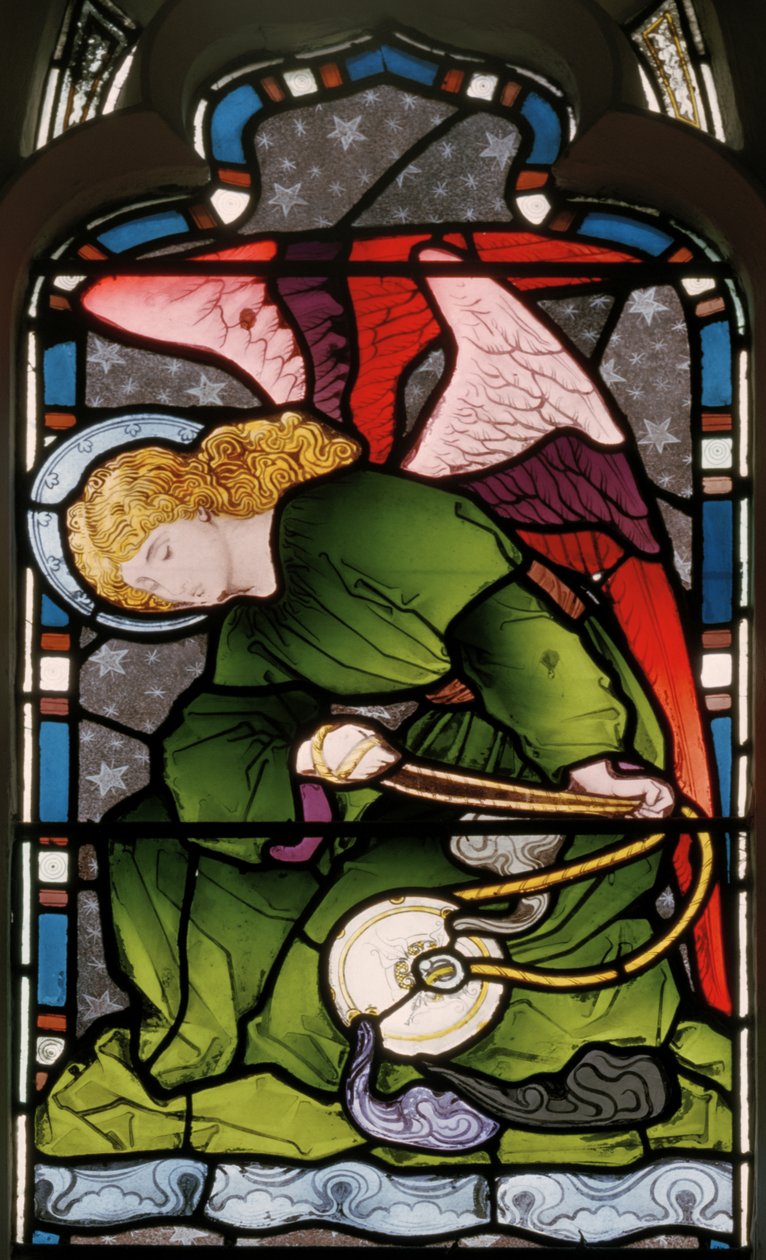 Gillingham, St Mary, keleti ablak, Heaton, Butler  Bayne, ismeretlen művész, érzékelő angyal, 1868 körül alkotó: Butler and Bayne Heaton