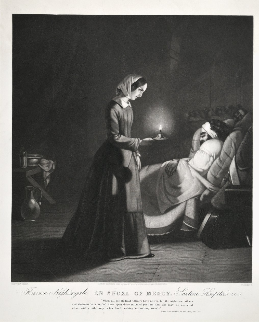 Florence Nightingale, Az irgalom angyala, Scutari Kórház, Tomkins metszete, 1855 alkotó: Butterworth