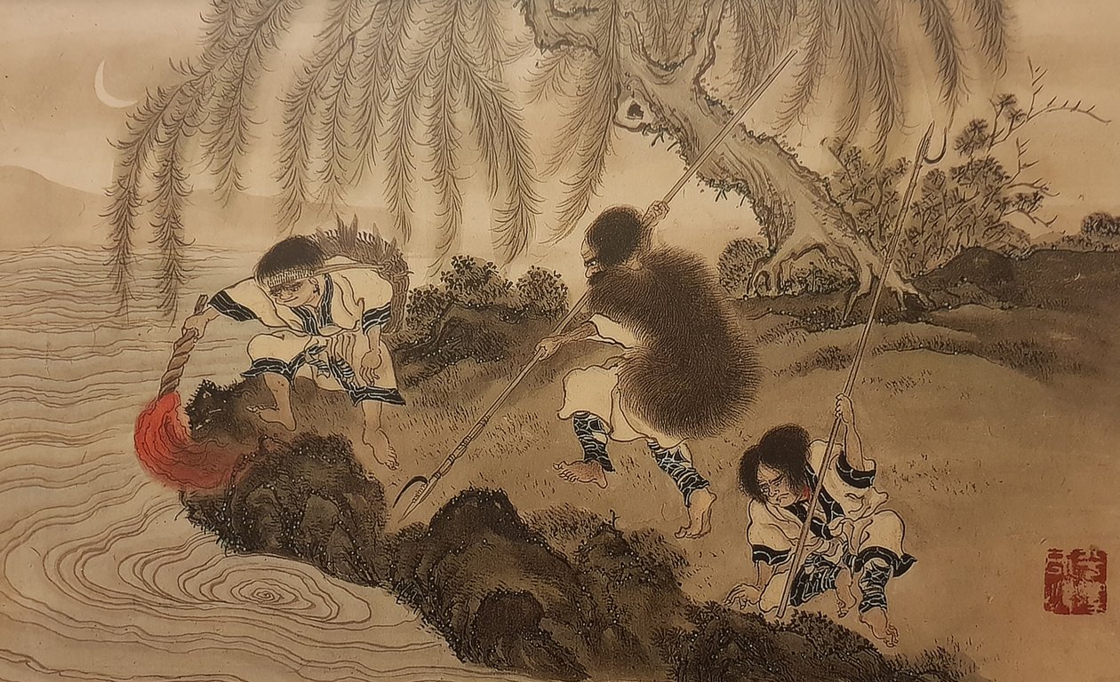 Horgászat világító fáklyával. Az Ainu című sorozatból, 19. század második fele... alkotó: Byozan Hirasawa