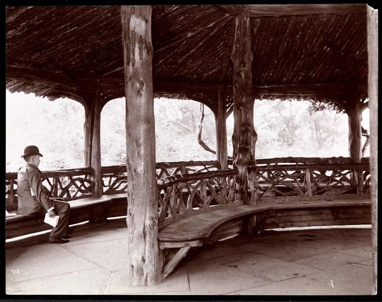 Egy rusztikus táj pavilonban ülő férfi képe a New York-i Central Parkban, 1895 (ezüst zselatin nyomat) alkotó: Byron Company