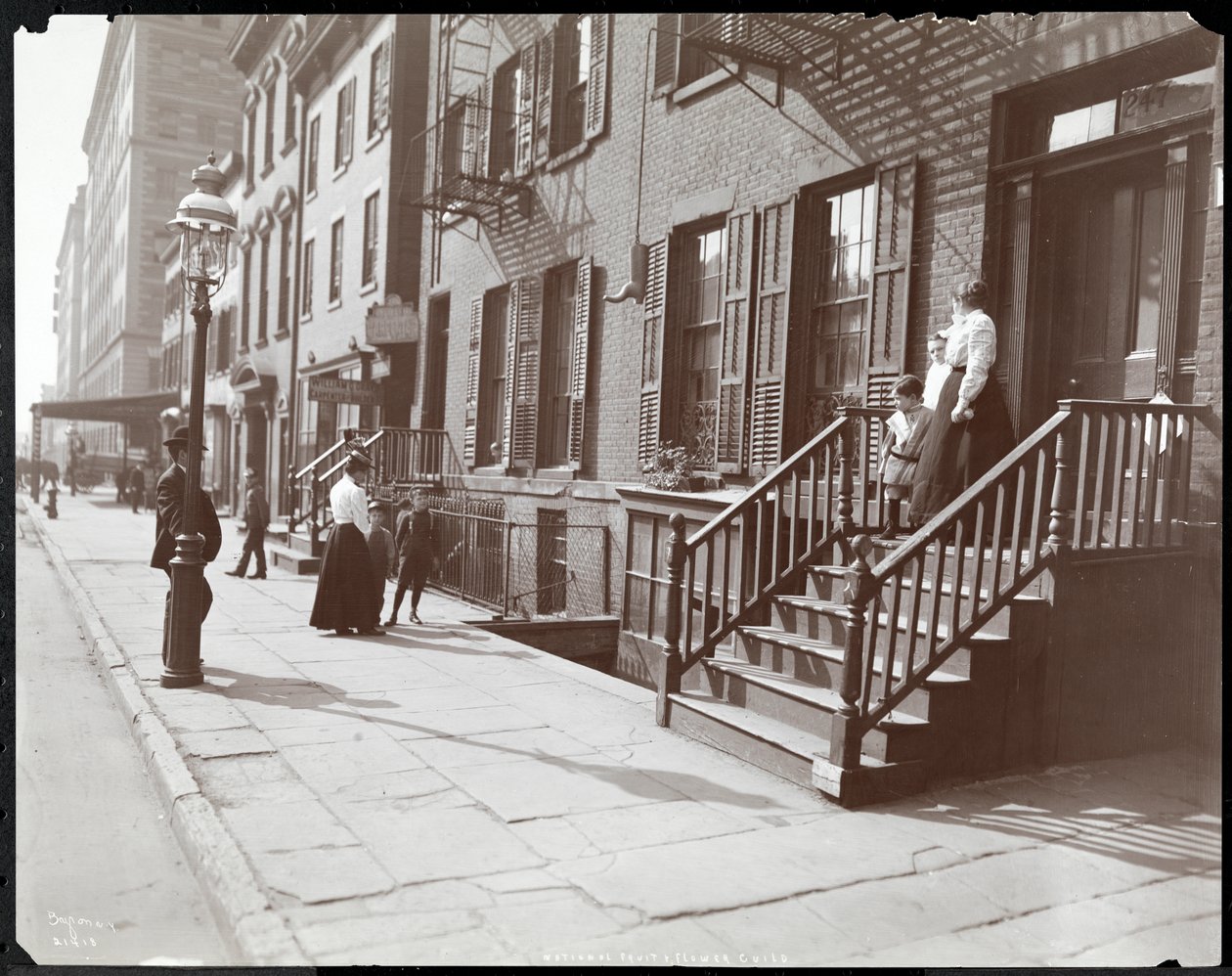 Nők és gyerekek a Nemzeti Gyümölcs és Virág Céh (247 Spring Street) lépcsőjén és annak közelében, 1906 (ezüstzselatinos nyomat) alkotó: Byron Company