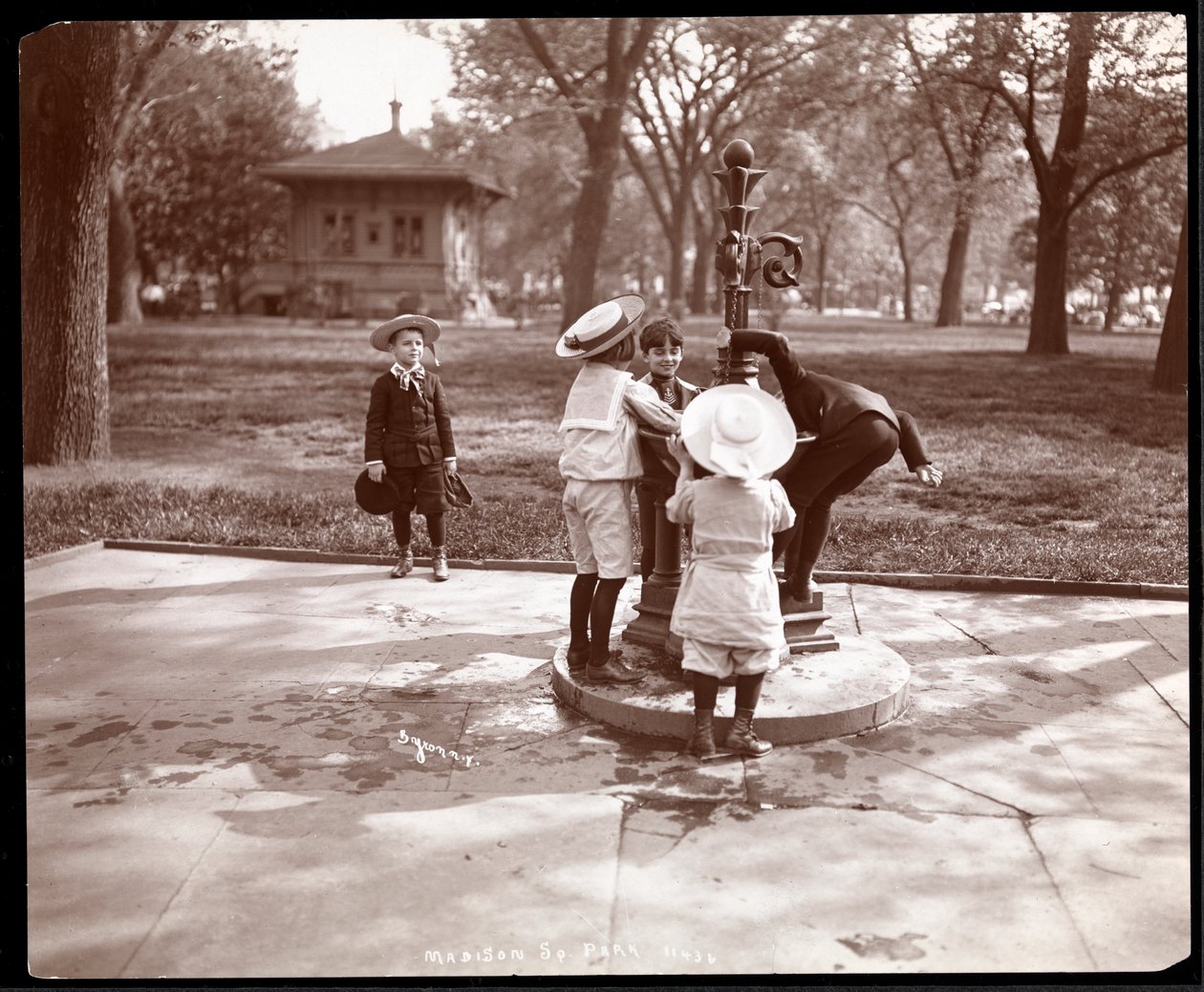 Öt gyerek játszik és iszik a szökőkútnál a Madison Square-en, New York államban, 1901 (ezüst zselatin nyomat) alkotó: Byron Company