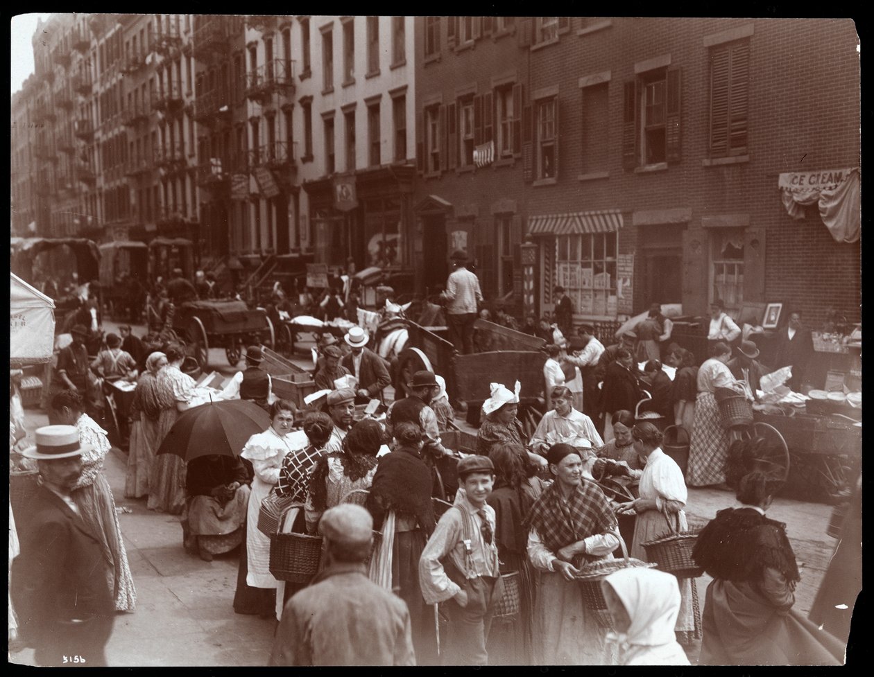 Kilátás a tömegre és a kereskedőkre a Hester Streeten, New York, 1899 (ezüst zselatin nyomat) alkotó: Byron Company
